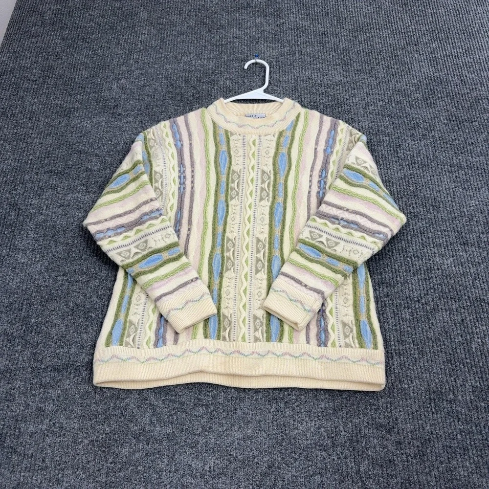 VTG Purely Australian Clothing Co Sweater Mens L Cream Wool 3D Knit Coogi Style